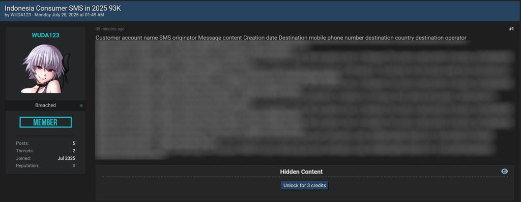 Data Breach Alert: 93K Indonesian Consumer SMS Logs (OTP, Verification Code, etc)
